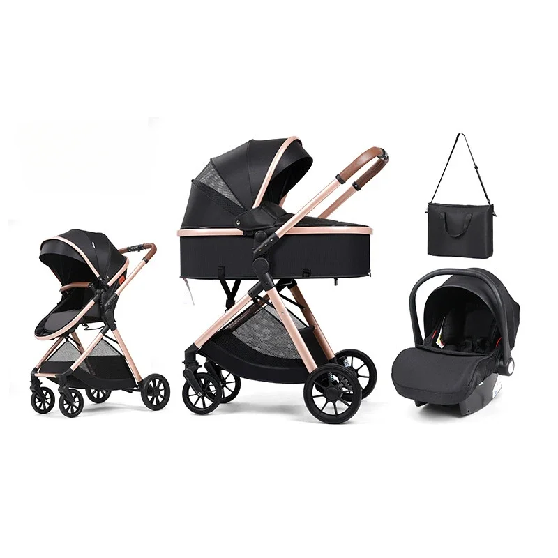 3 in 1 multifunctional baby stroller equipped with car seats for sitting and lying down, lightweight and comes with a mommy bag