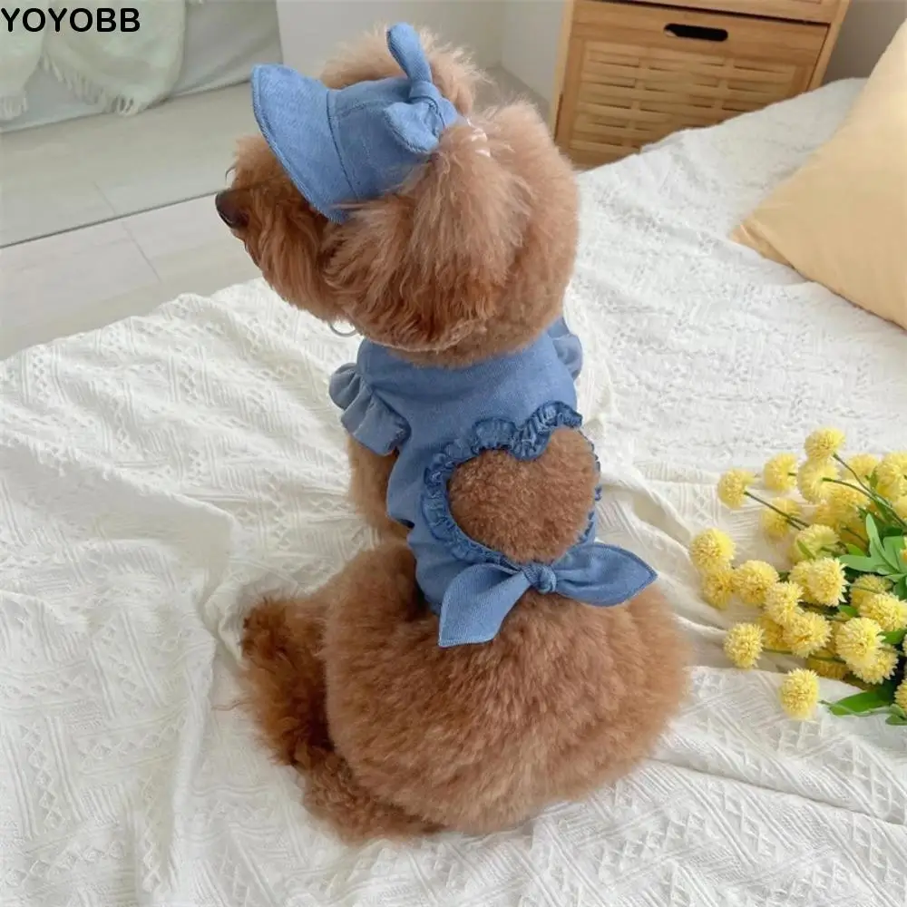 

Pet T-shirt Flying Sleeve Pet Love Hollow Tank Top Soft with Hat Pet Sunshade Hat Breathable Cat Clothes Set Autumn
