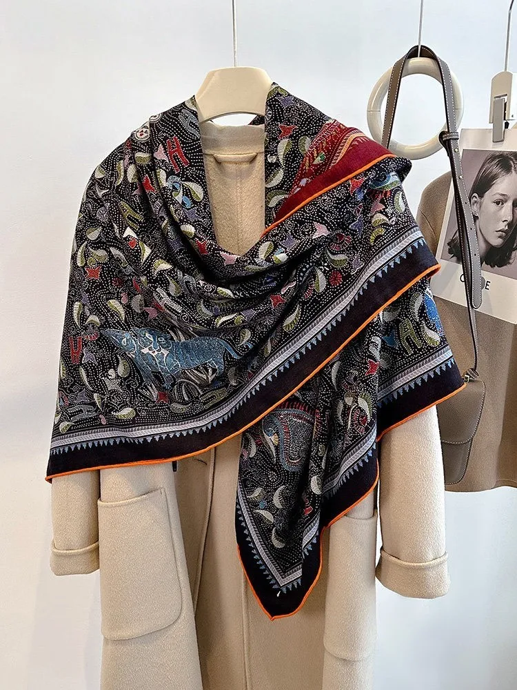 Double-sided differently colored red silk and real wool scarf large square new style air-conditioned room shawl for outerwear