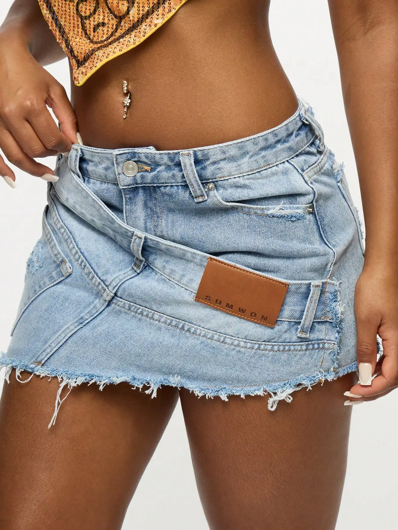 Deconstructed Mini Denim Skirt High Waist Raw Hem Light Blue Asymmetrical Streetwear Summer Festival