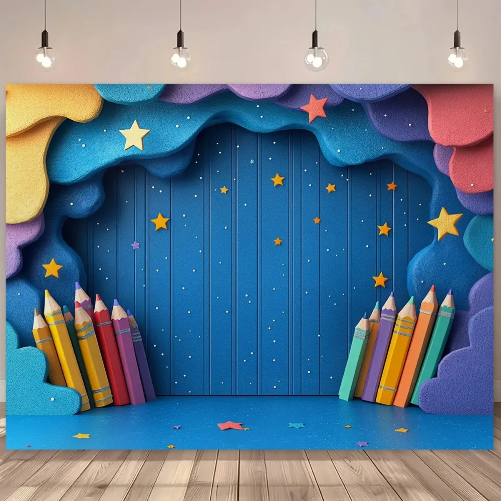 Blue Starry Sky Colored Pencil Classroom Theme Banner Backdrop, Artistic and Fun Birthday Party Decoration Photography Backdrop