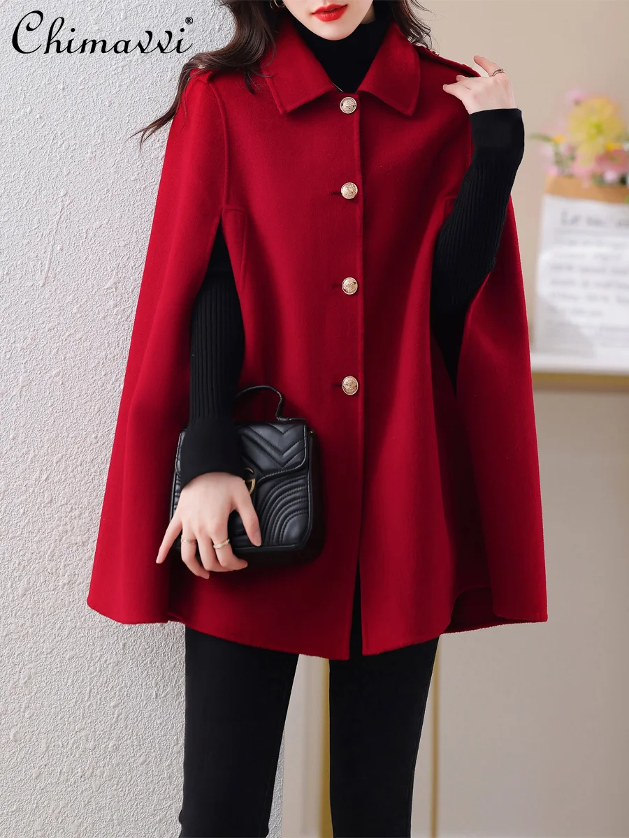 

High-end Shawl Cape Coat Female 2024 Autumn and Winter New Hepburn Style French Loose Office Lady Retro Woolen Coats Women