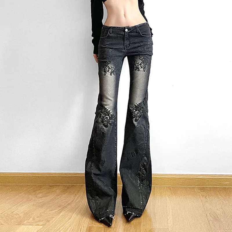 

Women Pants Low Waist Flared Trousers Wash Jeans y2k Printing