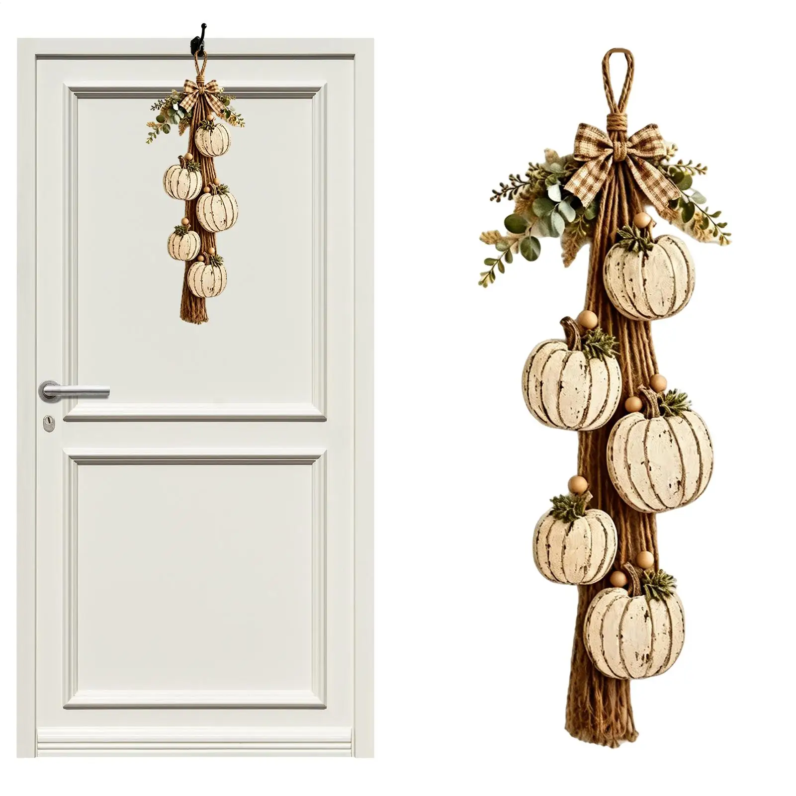 White Pumpkin Ornament Fall Door Hanger Vintage Rustic Wooden Bow Decoration With Rope Fall Indoor Door Sign for Front Porch​