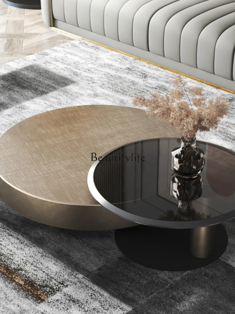 Italian light luxury coffee table simple modern telescopic corner table tempered glass stainless steel round