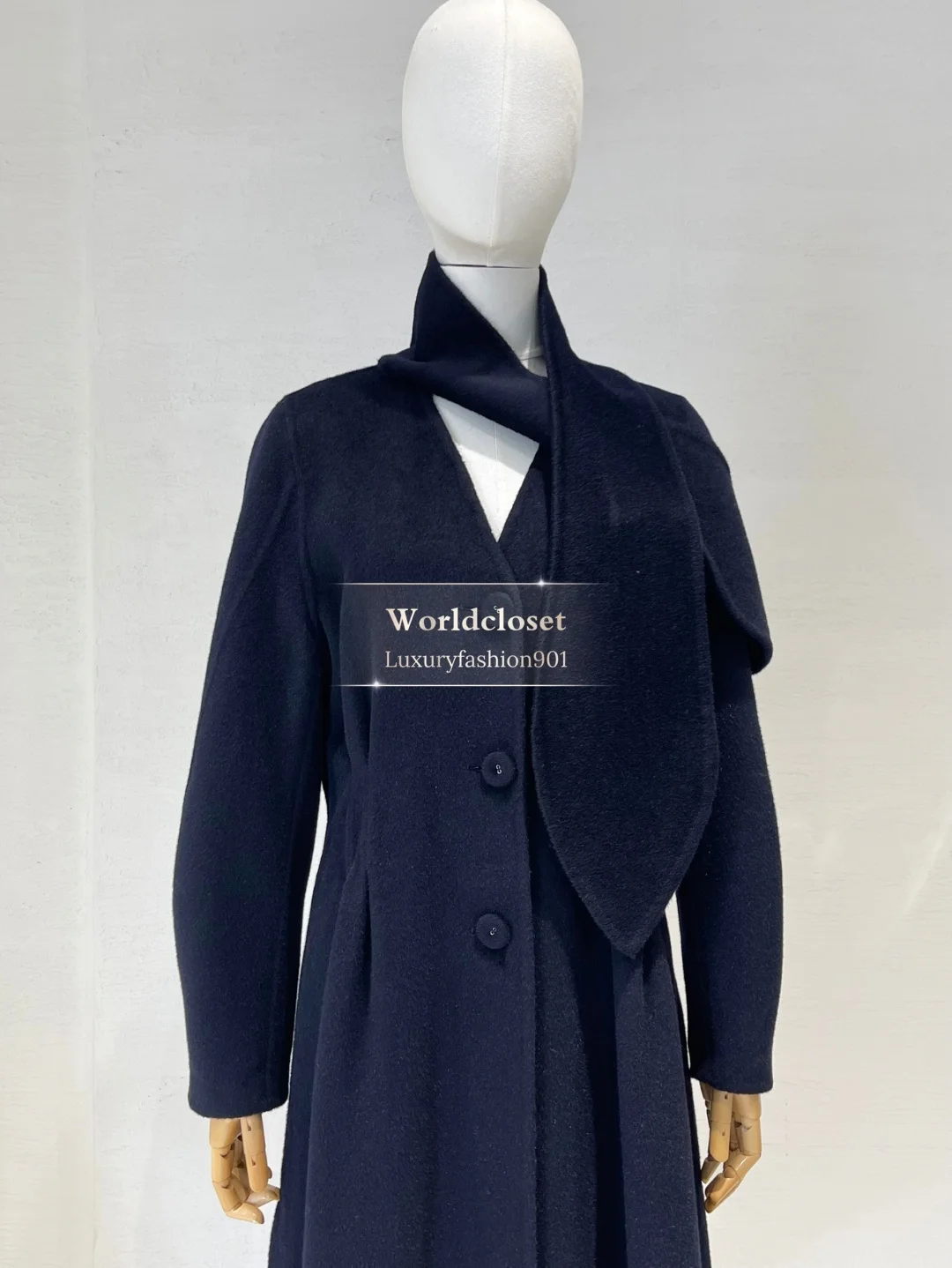 

2025 Elegant Navy Blue Long Sleeve Lapel Double-faced Wool Extra Long Coat Jacket