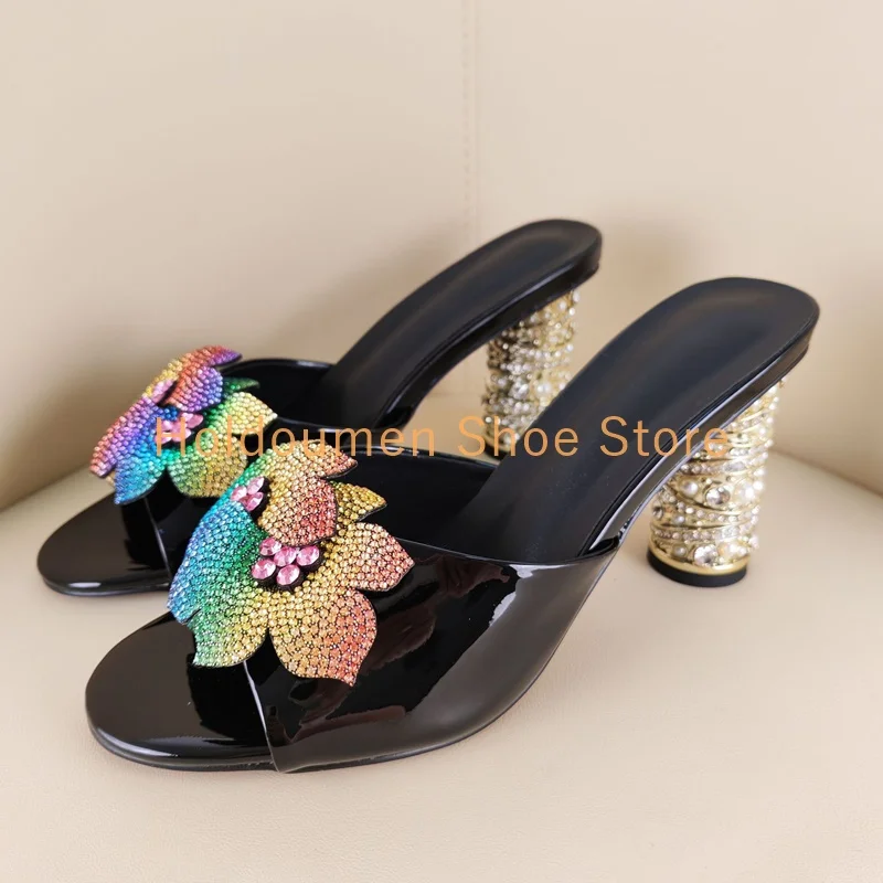 الملونة حجر الراين زهرة ديكور اللمحة تو الصيف شباشب على الموضة الفاخرة الماس رصع كعب مستدير الانزلاق على كسول البغل النعال #1