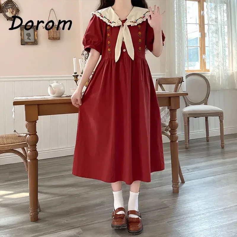 Ricamo Vintage abito Kawaii donna estate stile Preppy coreano colletto Peter Pan manica a sbuffo abito Lolita elegante festa Vestido