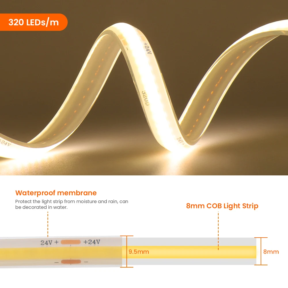 24V COB LED Strip 320LEDs/m CRI 90 Ultra Bright FOB Tape Ribbon Linear Lighting IP68 Waterproof High Safety for Swimming pool