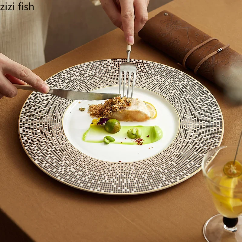 

Irregular Hand Drawn Gilding Ceramic Flat Plate Restaurant Steak Plate Dessert Plate Pasta Plates Molecular Cuisine Tableware