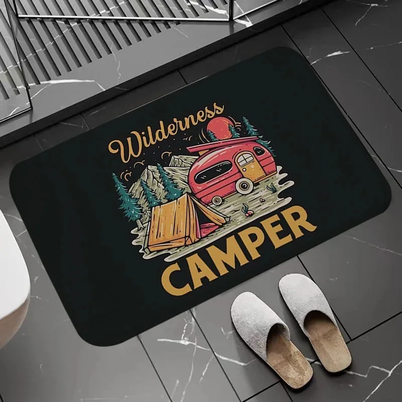 Wilderness Camper Mountain Doormat Vintage RV Tent Non-Slip Entrance Rug Rustic Camping Adventure Decor Floor Carpet