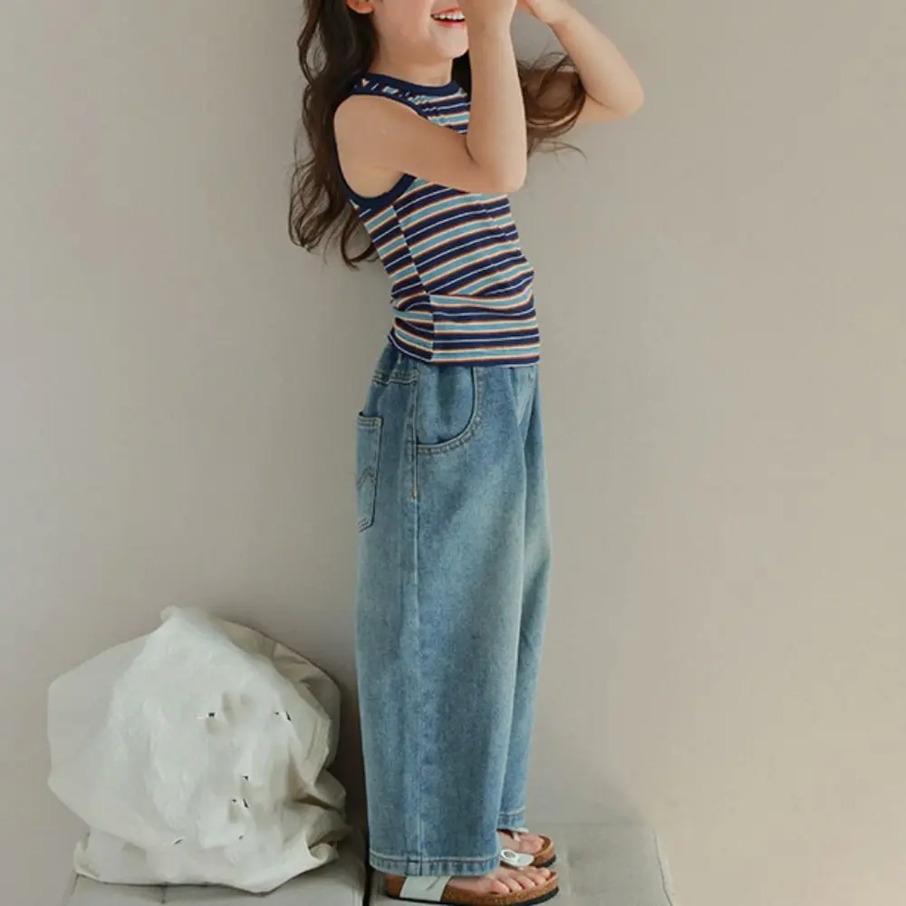 

Прямые прямые джинсы с высокой талией и широкими штанинами, детские джинсы Y2K, ковбойские штаны, свободные джинсовые брюки для маленьких девочек, подарок для девочек