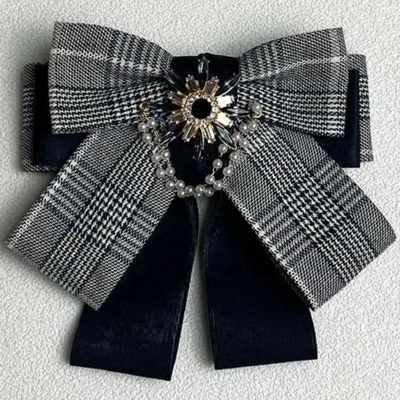 Korean Fashion Plaid Multi-layer Bowknot Ladies Fabric Bow Tie High-end Pearl Rhinestone Pins and Brooches for Women Accessories
