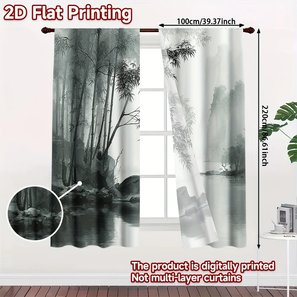 2pcs Bamboo Forest Curtains 2D Flat Print Polyester Light Filtering Rod Pocket Bedroom Living Room