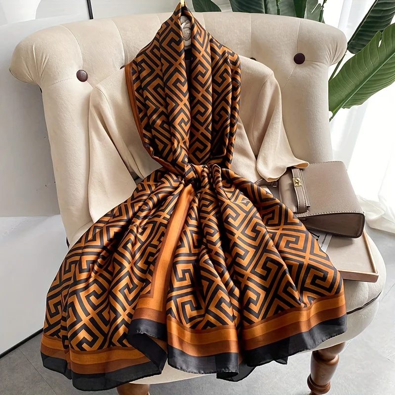 Coffee Color Large Silk Soft Scarf Women Stylish Print Long Shawl Handkerchief Summer Elegant Travel Wrap Hot 180x90cm