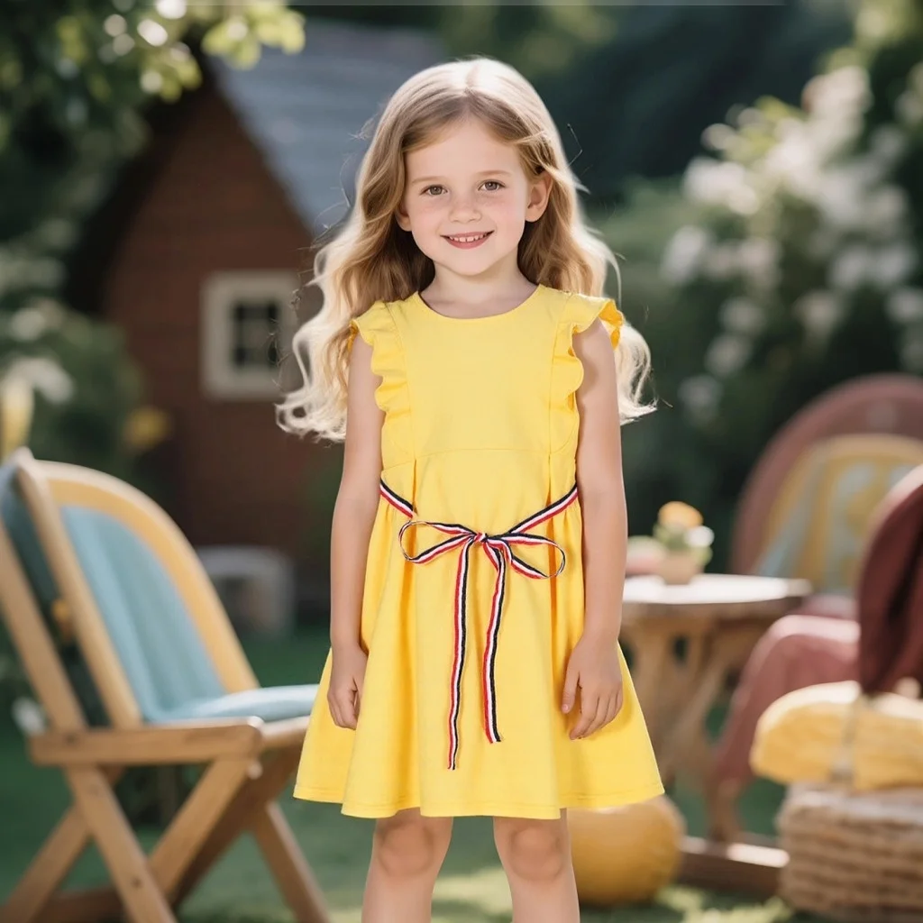 

Summer Dress for Girls Sleeveless O Neck Knee-Length Dresses Kids Yellow White Belt Princess Dress Toddler Clothes Vestidos 2-7Y