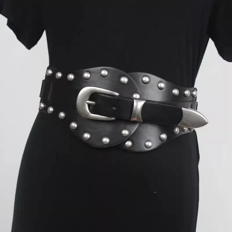 Rivet PU Leather Elastic Belt Women's Punk Corset Female Cummerbund Coat Waistband Dress Decration Wide Belt J1592