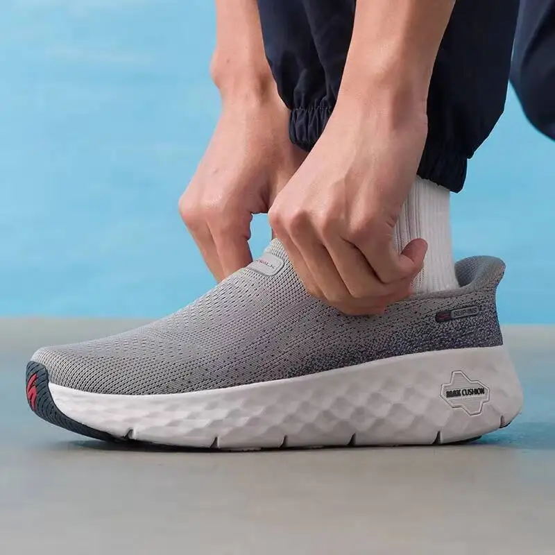 Skechers New Men Slip Ins Walking Shoes Grey  Breathable Knit Mesh Light Cushion Easy On Slip On Daily Sneakers 217111-GYNV