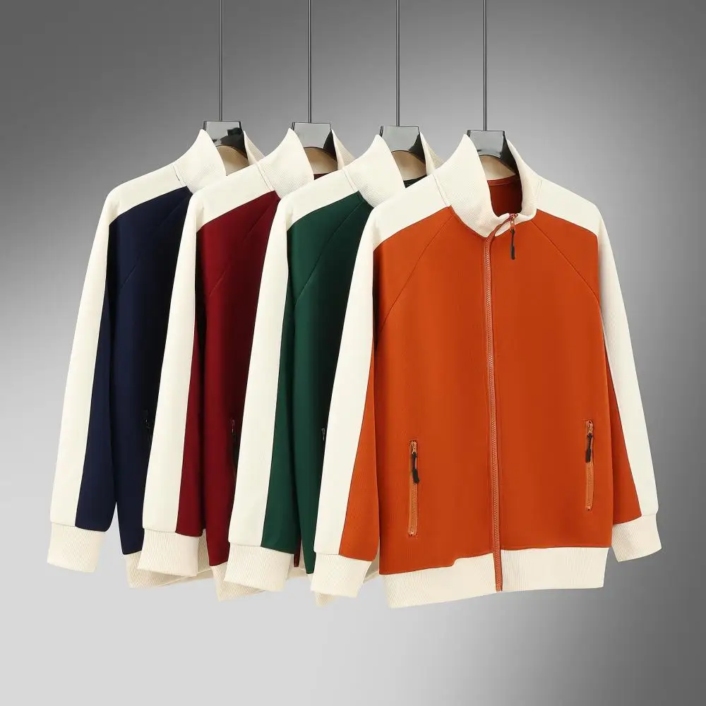 Giacca con cerniera a maniche lunghe, felpa calda color block, giacca da baseball casual, abbigliamento da esterno, logo personalizzabile