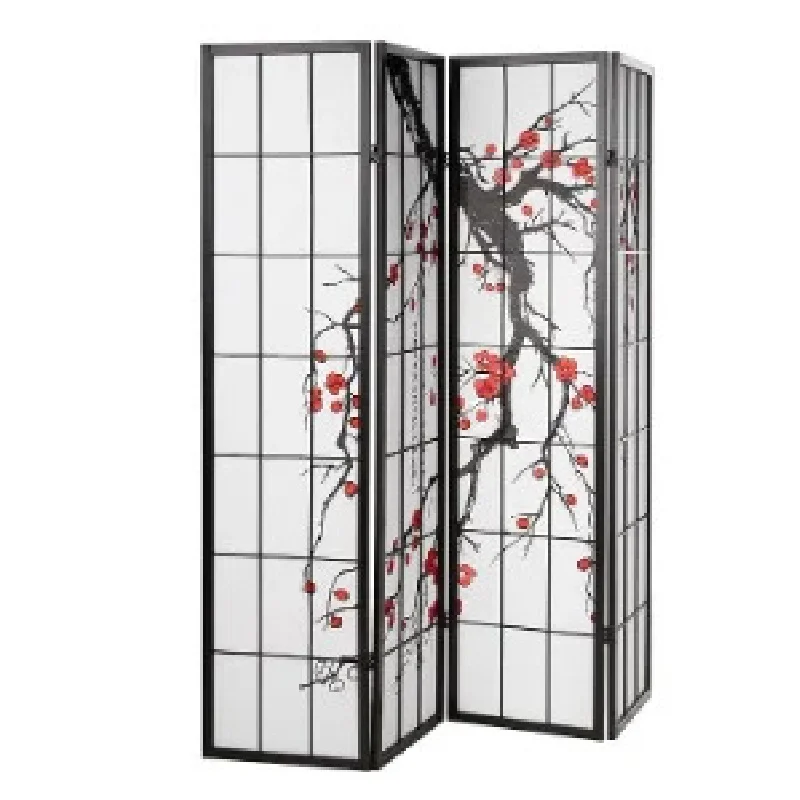 Black Japanese 4-Panel Screen Room Divider, Plum Blossom