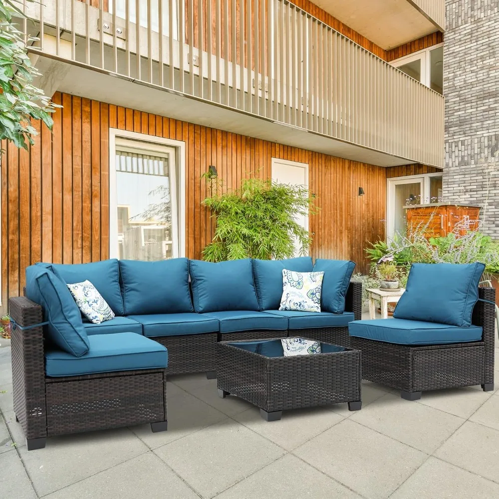 

7 Piece Outdoor Patio Furniture Set (Brown/Peacock Blue) with Table, Anti-Slip Cushions, Perfect for Deck