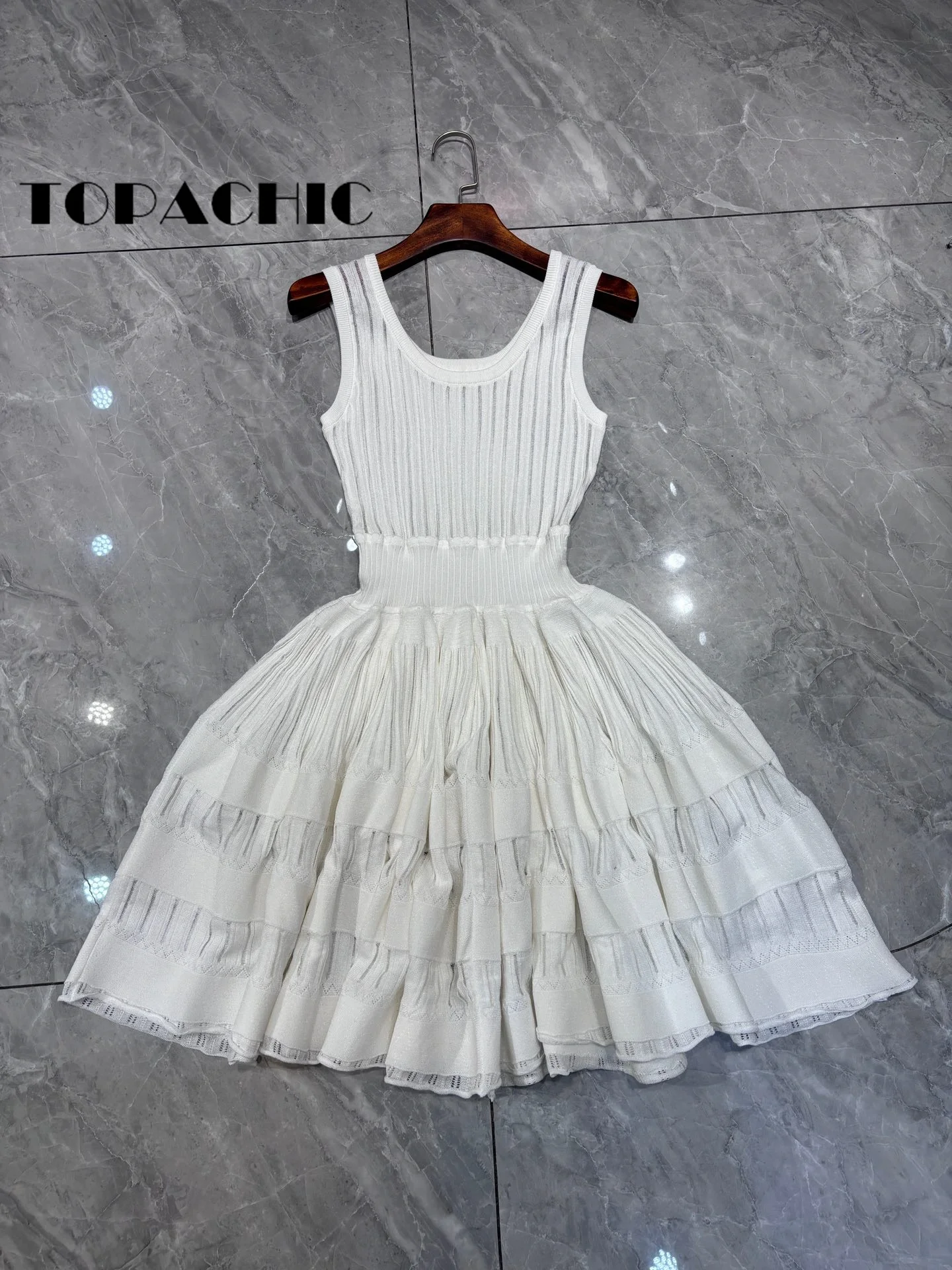 5.9 TOPACHIC Women Fashion Ribbed Jacquard Knit Dress Sweet Girl U-Neck Sleeveless Collect Waist Ball Gown Mini Dress Beltless