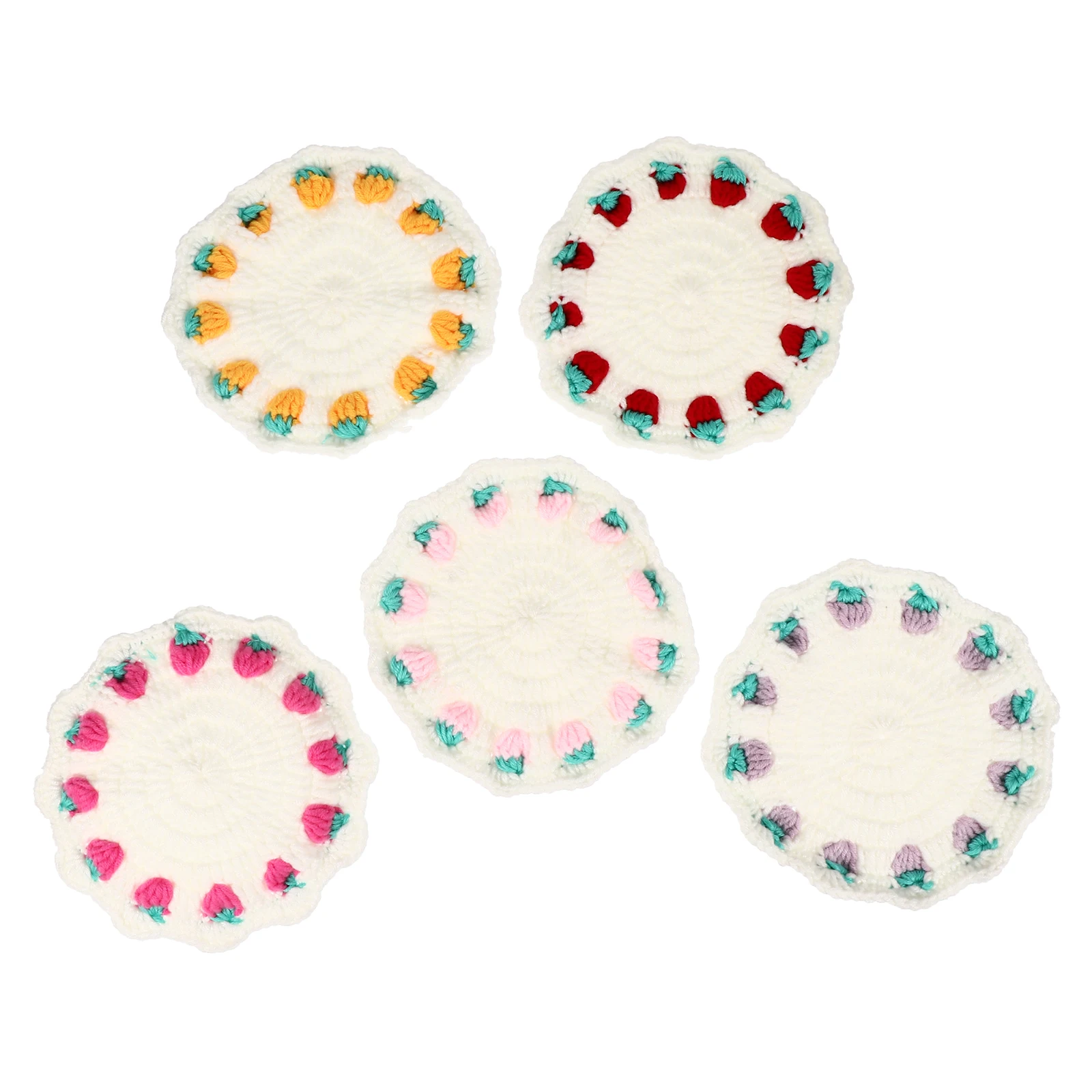 

5pcs Strawberry Coaster Handmade Woven Cup Mat Braided Round Woolen Drink Placemat Thick Soft Reusable Sturdy