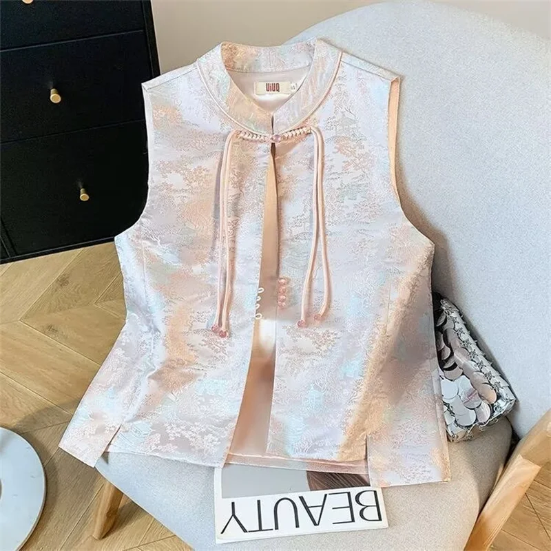 Women's Vests  Women's Jackets National Wind Vest Advanced  Jacquard Vest Coat Women Wear Tang Suit Buckle Spring and Autumn
