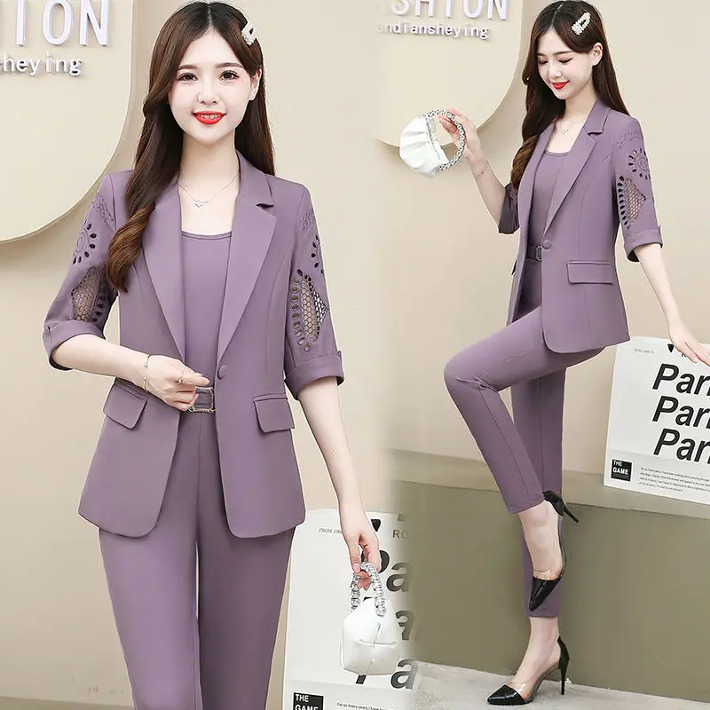 Women Summer New Fashion Professional Suit+Sling+Pants Three-piece Korean Elegant Hollow Out Thin Blazers Trousers Matching Set