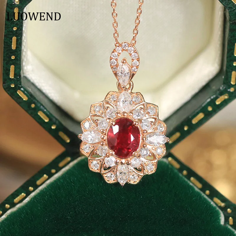 

LUOWEND 18K Rose Gold Pendant Necklace Real Ruby Pendant Romantic Flower Shape Diamond Necklace for Women Jewelry Customize