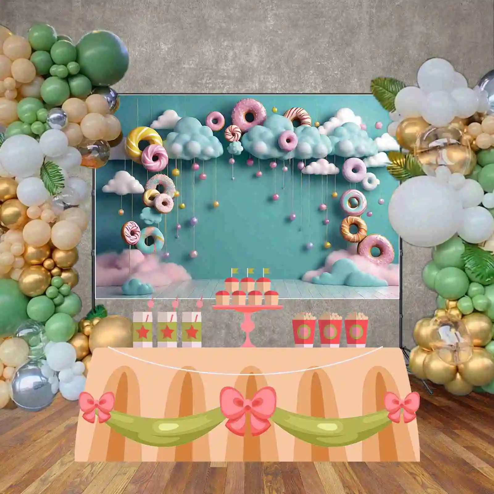 MOON.QG Fairy One Birthday 1 Year Doughnut Clouds Backdrop Baby Candyland Candy Bar Party Background Children Photography Props