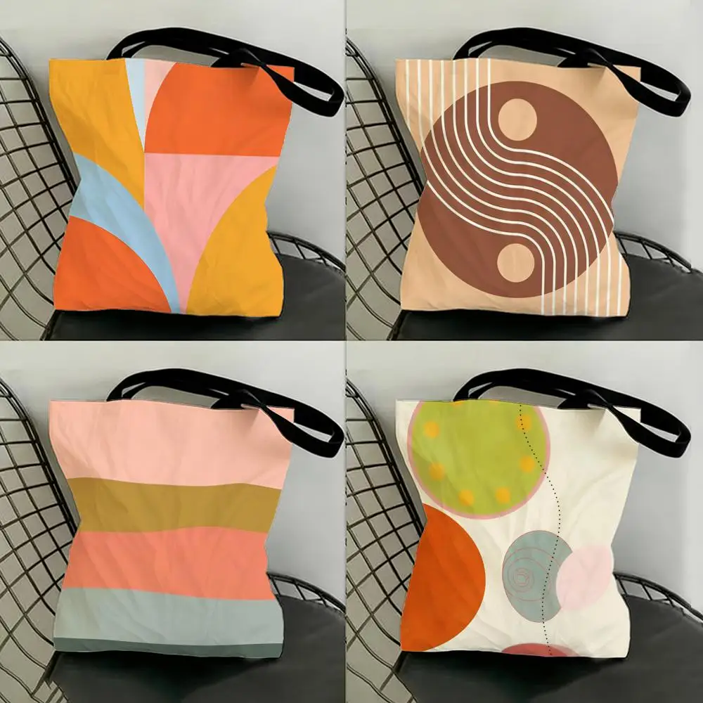 Stylish Morandi Geometric Abstraction Storage Bags Canvas Bags Daily Shopping Bags Series Print Bags Lightweight Shoulder Bag