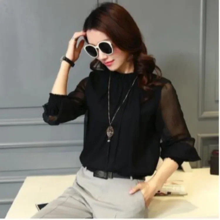 2024 Korean Design Sensibility Petite Chiffon Blouse Small Stand Collar Versatile Mesh Ruffle Edge Base Layer Top