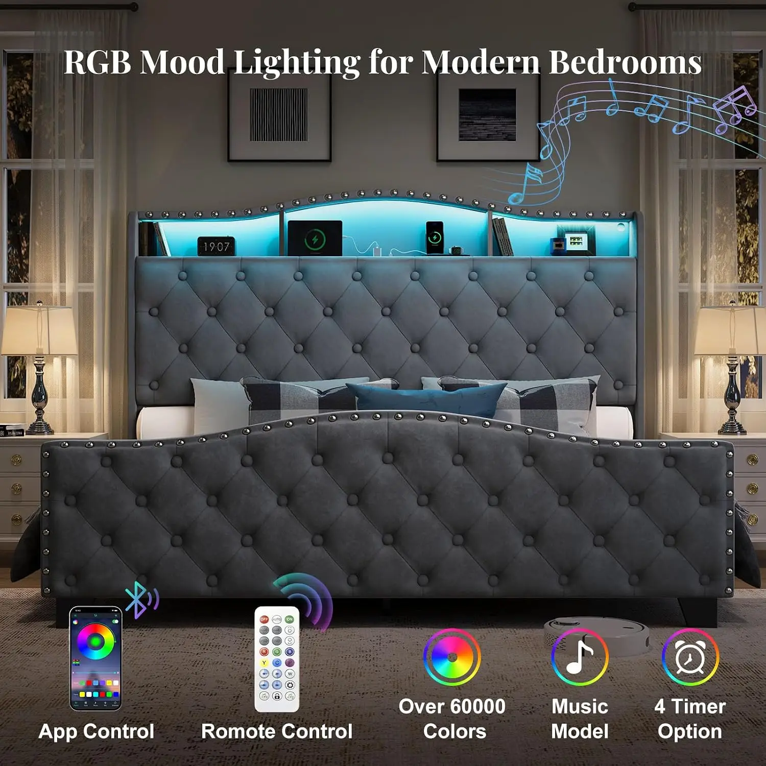 Queen Size Platform Bed Frame with 50.9" LED Headboard, Grey, Customized - view 4