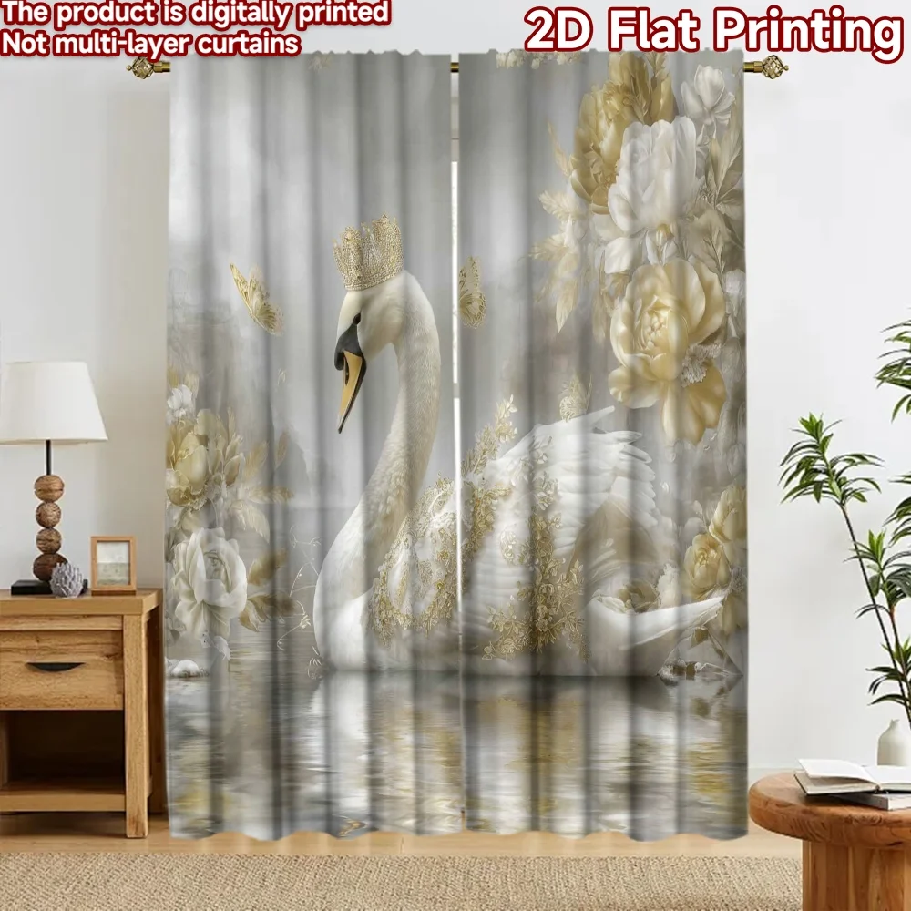 2D flat 2pcs Curtain French Romantic Style Curtains Royal Swan Flowers Digitally printed polyester Party & Holiday Decor Use for