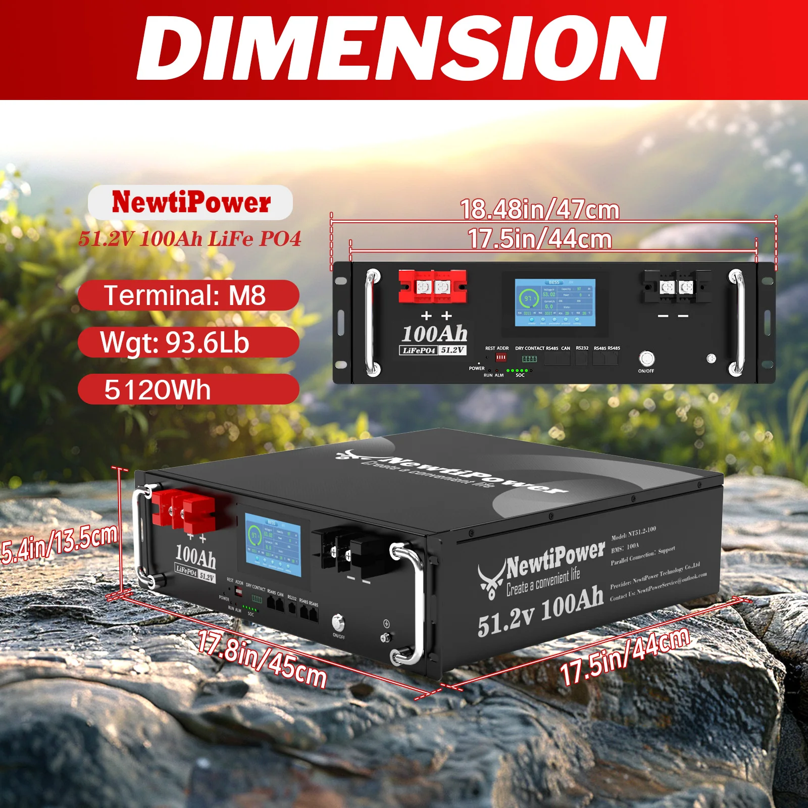 52.1V100AH Wall-Mounted LiFePO4 Battery with 100A BMS, Max. 5120W Power,10000+ Cycles, Suit for Solar,Back UP Power,Off-Grid