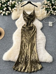 Foamlina Summer Fashion Women Suspender Dress Elegant Swinging Collar Sleeveless Backless Slim Fit Sexy Evening Party Long Dress