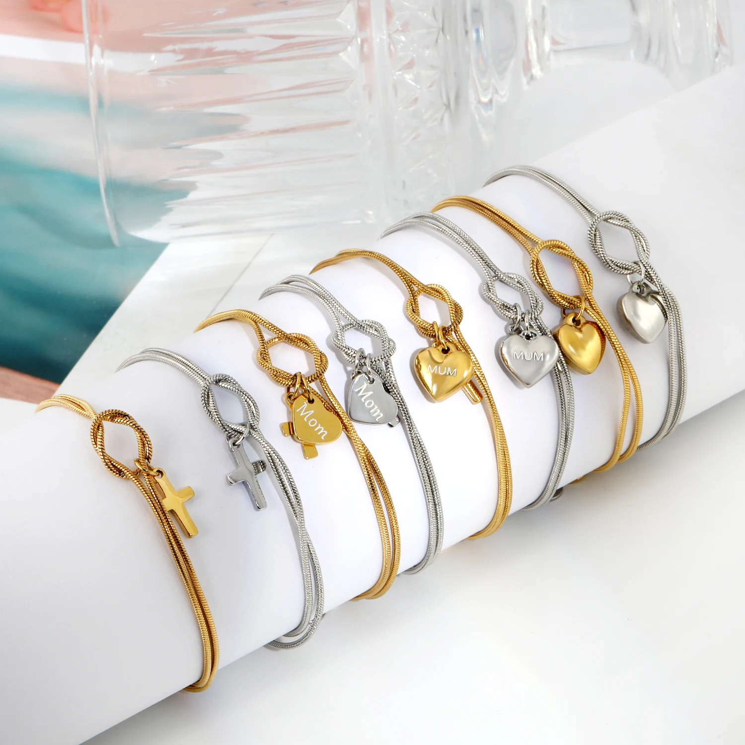 LUXUKISSKIDS Female pulseras Double Layered Snake Chain Bracelets for Mom Mother Cross Heart Charm Jewelry Gifts Stainless Steel