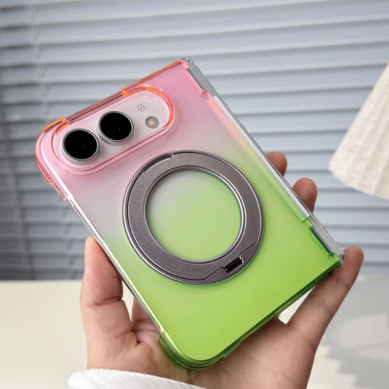 360 ° Support métallique rotatif, coque rigide en PC transparent à dégradé de couleurs pour téléphone pliable magnétique Magsafe pour iPhone, coque ultra-résistante.