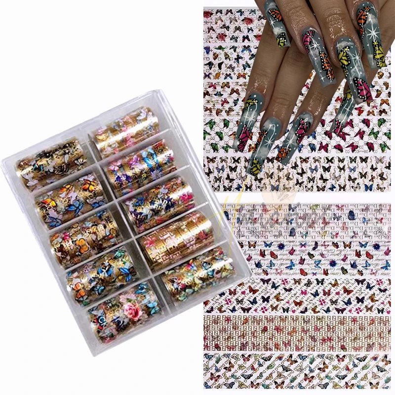 Butterfly Pink Cat Nail Art Foils Holographic Luxury Designer Brand Logo Transfer Stickers Wraps Tips  Manicure Decoration