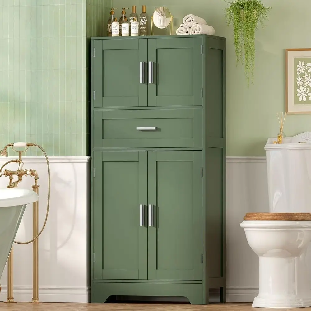 Zielona wolnostojąca szafka łazienkowa z 4 drzwiami i regulowanymi półkami do użytku domowego
