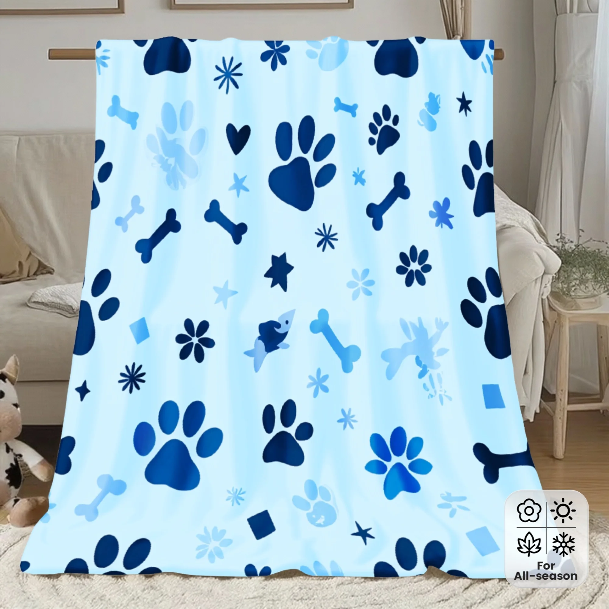 1pc Cute Blue Flannel Blanket with Paw Print, Bone Shape, And Star Design. Made of Polyester, Digitally Printed, Modern Style, S