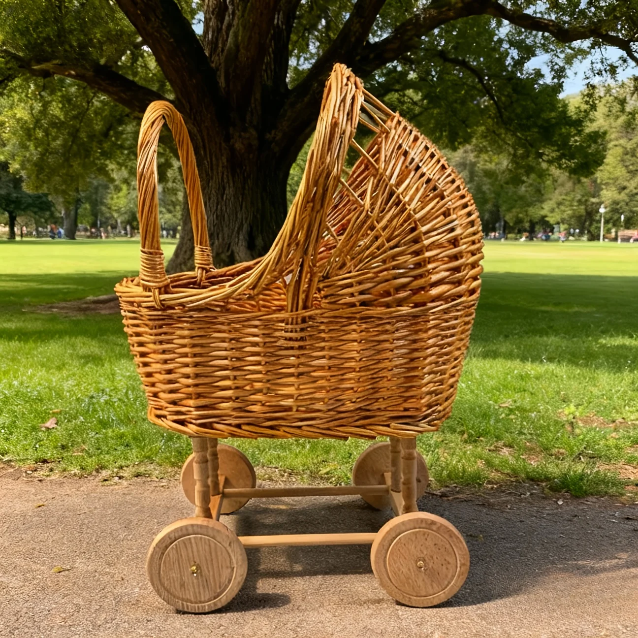 Handwoven Rattan Wicker Baby Carriage Prop with Wooden Wheels Classic BasketCart for Newborn PhotographyStudio and Nursery Decor