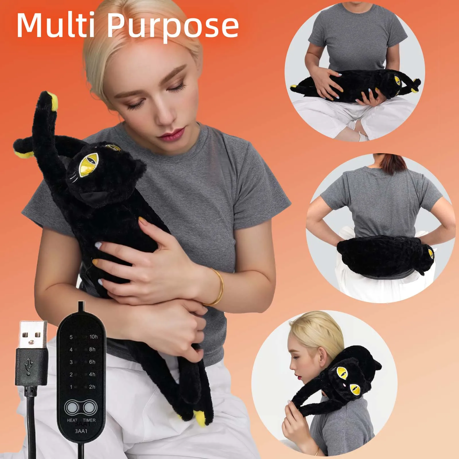 Black Cat Stuffed Animal Heating Pad for Period Cramps USB Portable Electric Heating Pillow Plush Heating Pa Soft for Girls