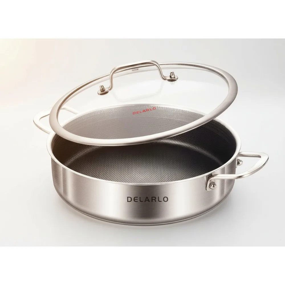 

12-дюймовая сковорода с антипригарным покрытием и крышкой, трехслойная сковорода для соуса из нержавеющей стали, которую можно мыть в духовке и в посудомоечной машине для домашних повара