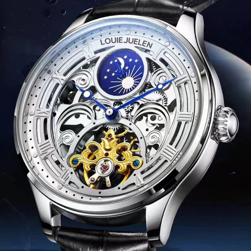 

Fashion Men's Skeleton Tourbillon Watch Waterproof Leather Strap Automatic Mechanical Watch for Men Fashion Moon Phases Clock