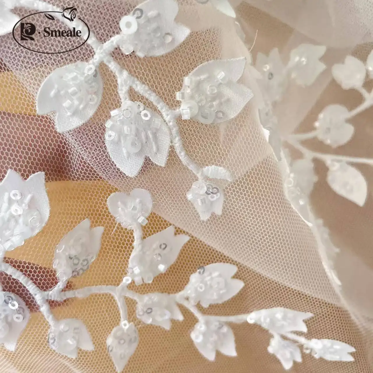 Flower and Leaf Wedding Dress Lace Fabric 3D Chiffon Flowers Beaded Lace Fabric  RS24460