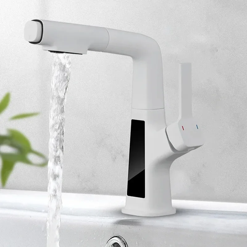 Temperature Digital Display Bathroom Faucet Intelligent Faucet Brass Basin Taps Cold Hot Water Pull Out Lifting For Bath Sink