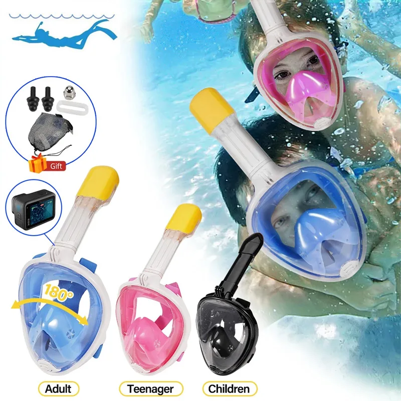 Diving Mask Underwater Snorkeling Full Face Swimming Mask Respirator Snorkel Mask Goggles for Kids Adult Swimming Equipme