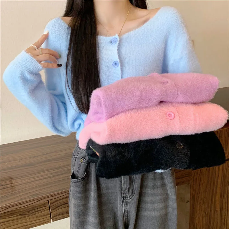 

Gentle And Soft Furry Short Knitted Cardigan In Autumn, Sweater, Women's Coat, Imitation Mink Fur Long Sleeved Top For Women